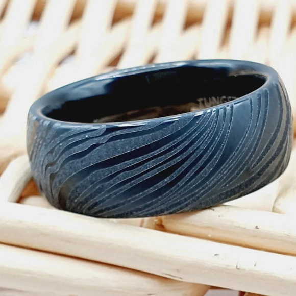 "Damascus Pattern Black Tungsten Wedding Ring, GALTUN603 - Picture 1 of 6